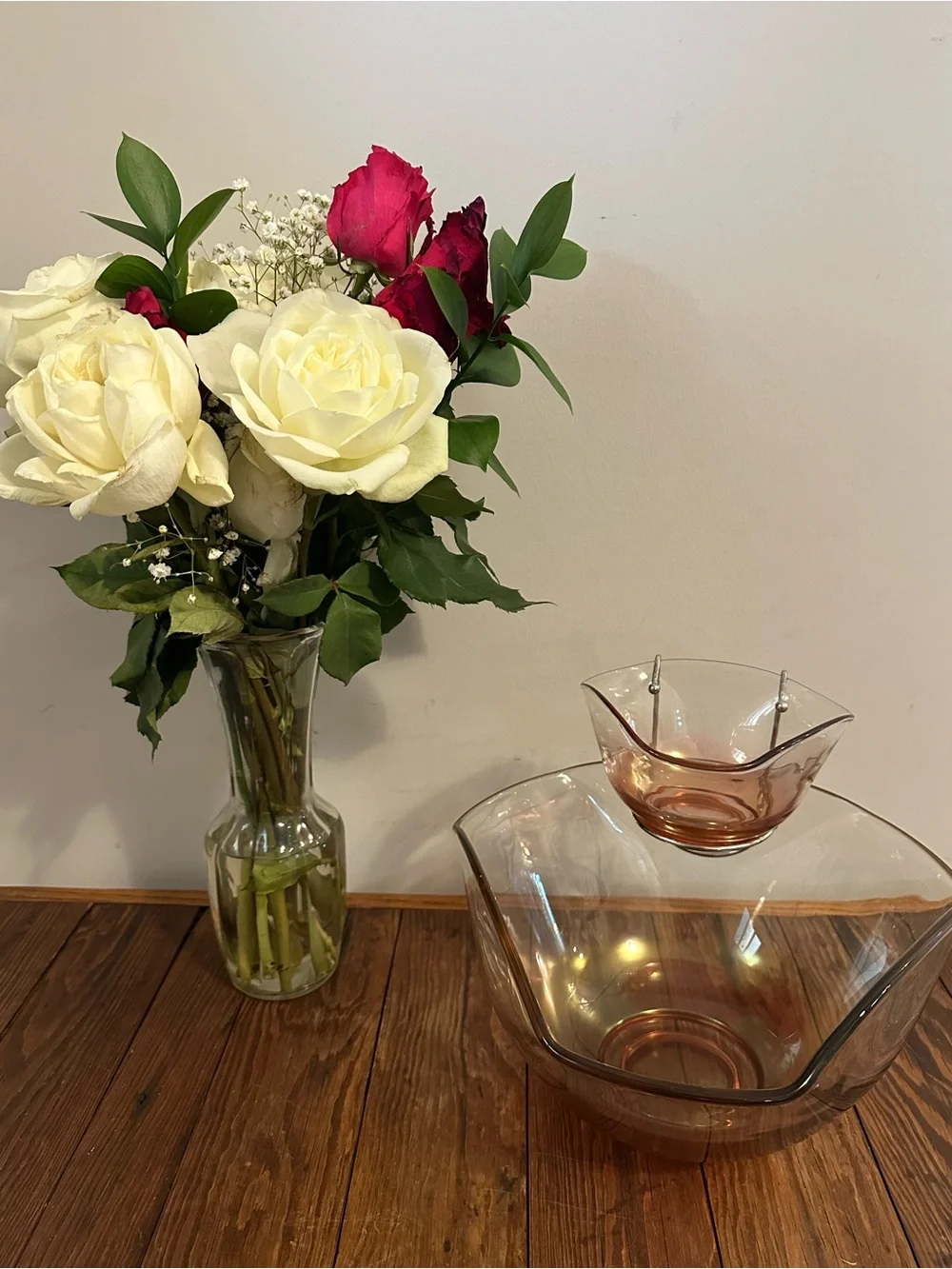 Mid-century modern Indiana glass chip and dip set pink